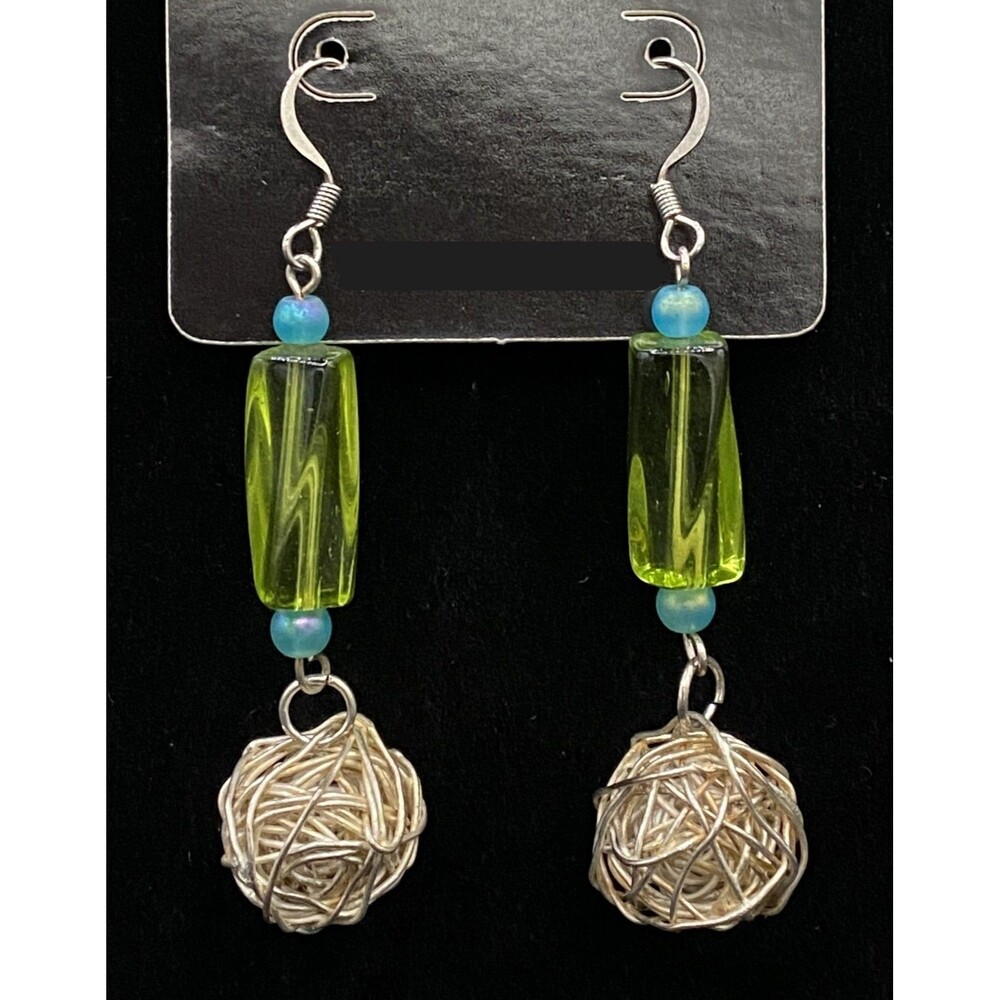 Handmade Wire Wrap Ball with Green Glass & Aqua Bead Earrings by Neanie-Bot